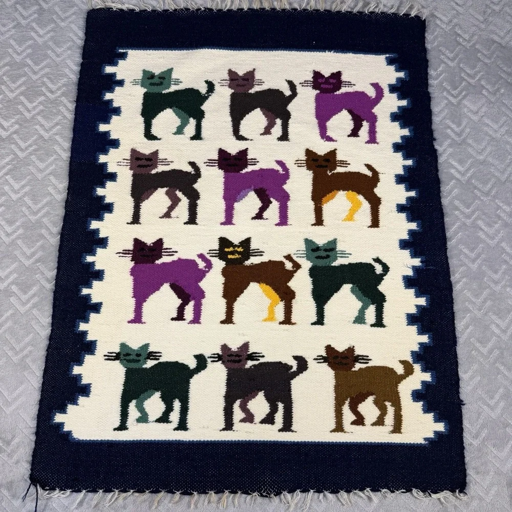 Vintage Peruvian Wool Tapestry Cat Motif Handwoven Folk Art Wall Hanging